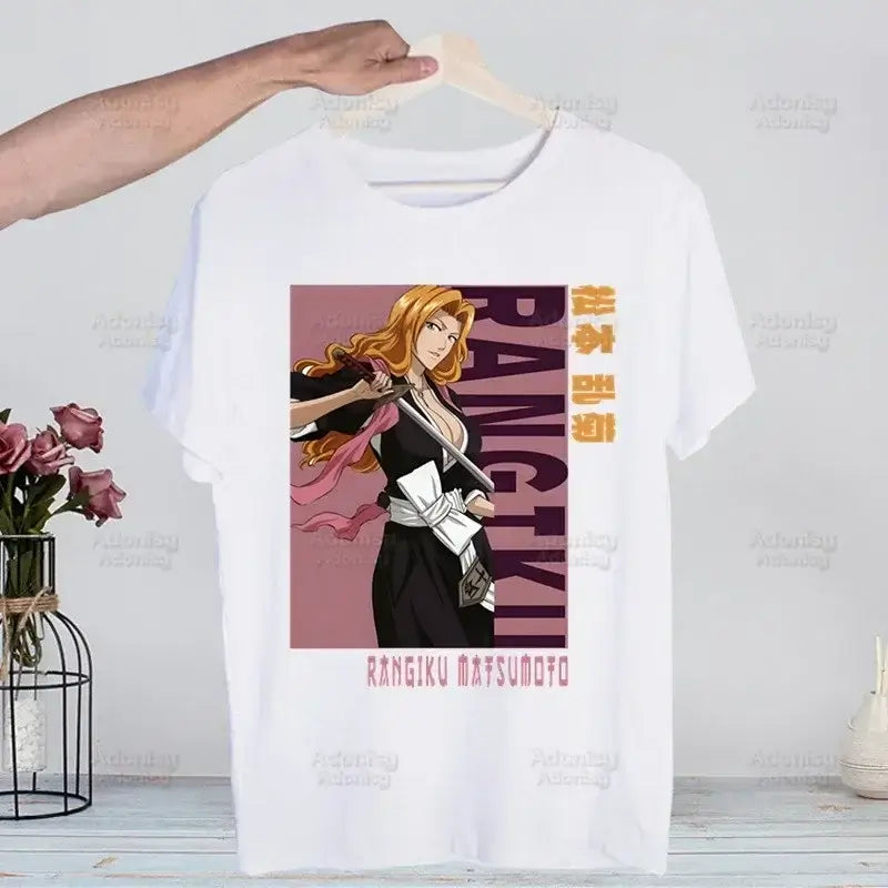 A men's Bleach Kurosaki Ichigo T-shirt in a funny Harajuku hip hop streetwear style for summer.