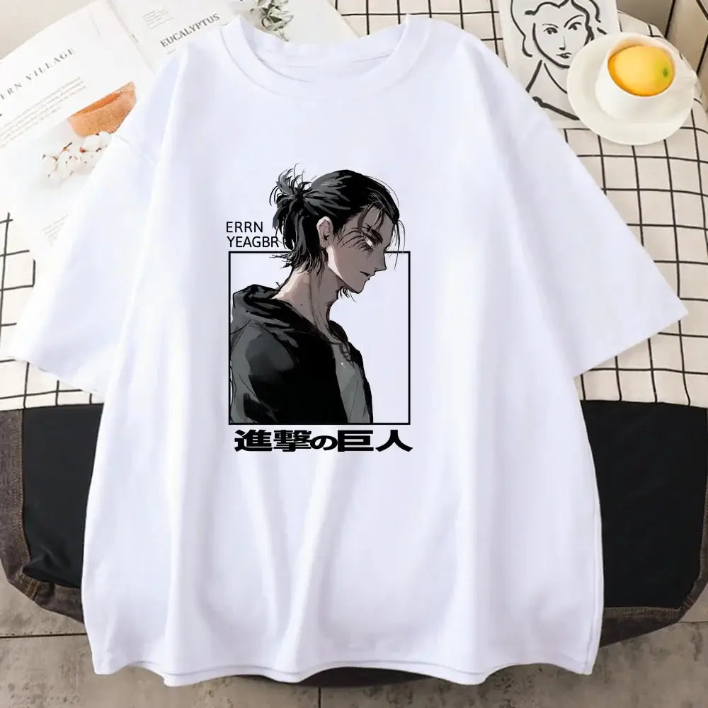 A cool street style Eren Jaeger T-Shirt with a graphic print from Attack on Titan for men and women.