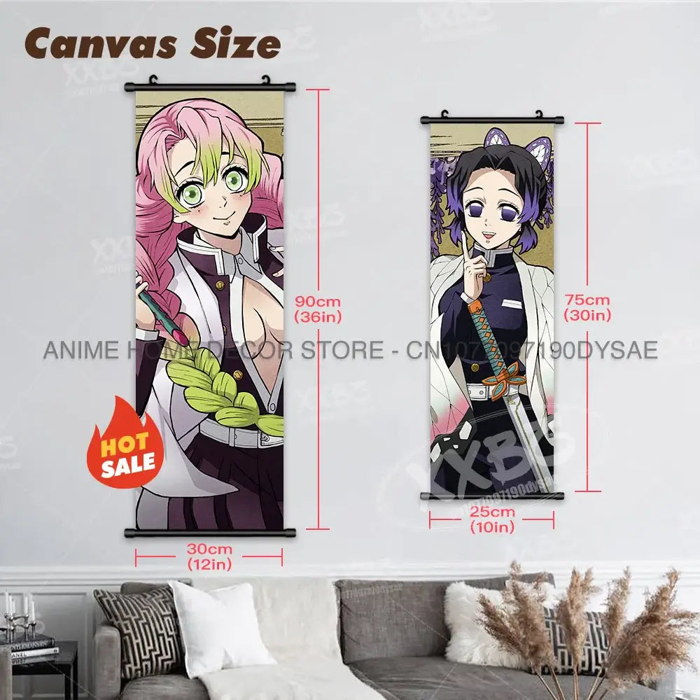 High-quality Demon Slayer Posters wall art scrolls featuring Hashira Kanroji Mitsuri, Iguro Obanai, and Tokitou Muichirou for home decor.