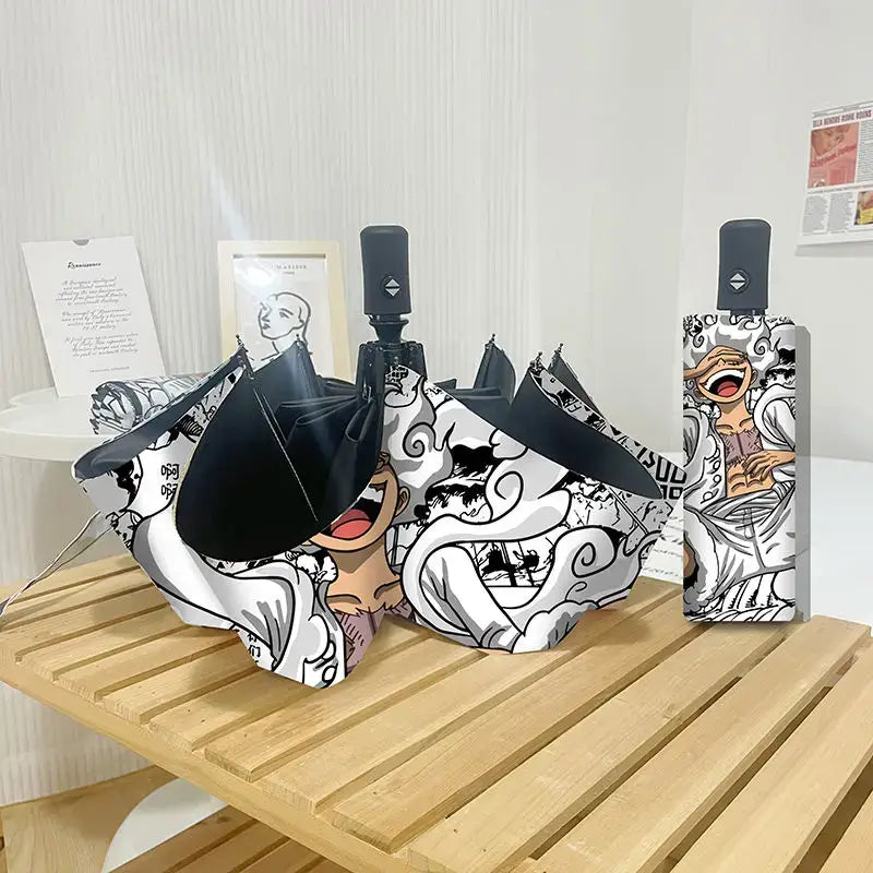 An automatic One Piece Nika Luffy Fold Umbrella with a three-fold design, featuring Gear 5 anime art and black glue sunscreen.