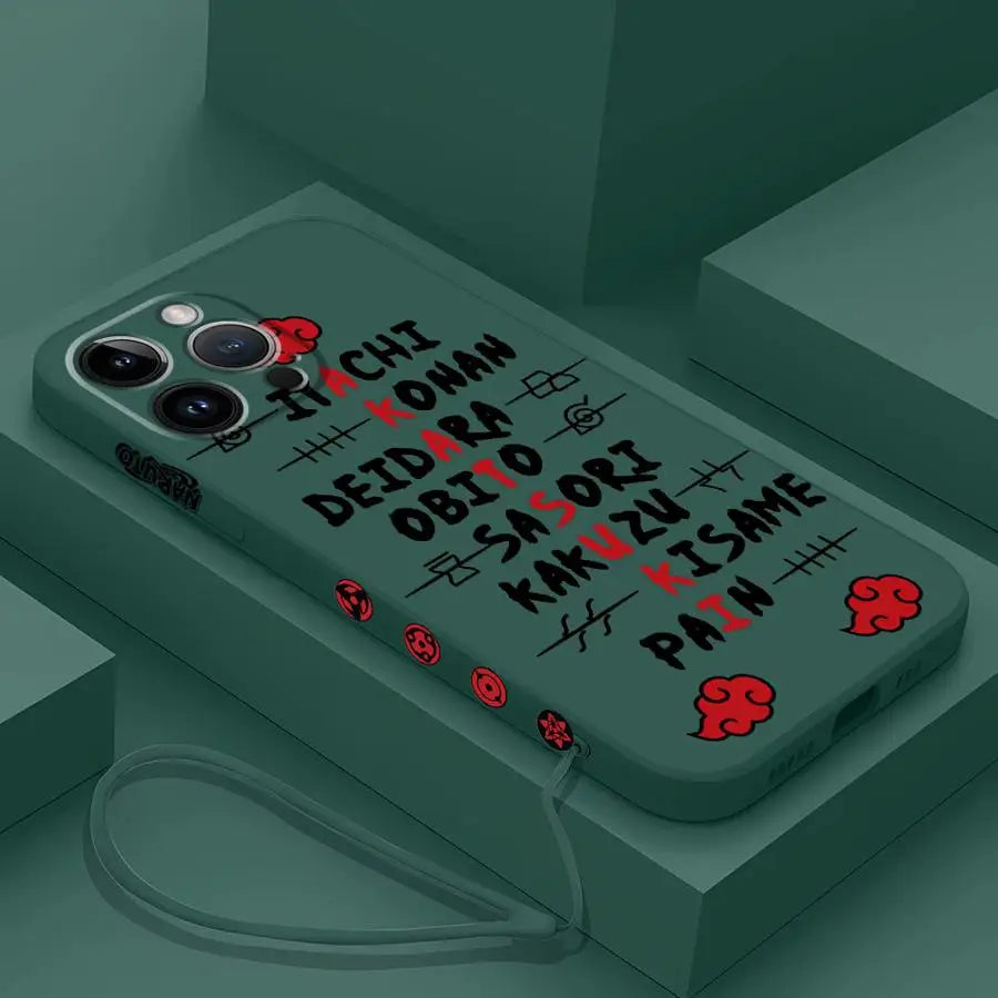 A black Akatsuki Cloud Phone Case featuring the red cloud symbol pattern, compatible with Apple iPhone 16, 15, 14 Pro Max, and 13.