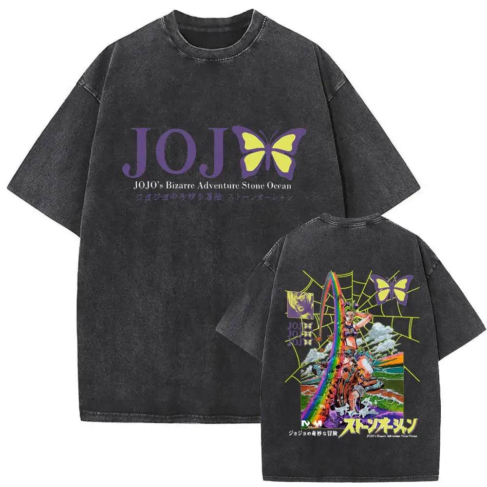 A washed Jojo Bizarre Adventure Vintage T-shirt featuring high-quality manga prints of Jotaro Kujo, Dio, and Giorno for men and women.