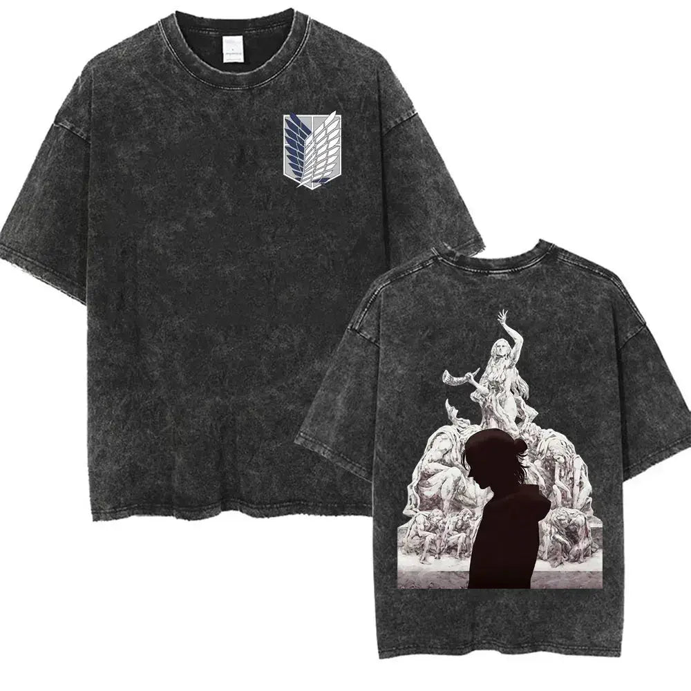 An oversized Attack on Titan Washed T-shirt featuring a vintage Levi Ackerman graphic, a stylish streetwear item for men and women.