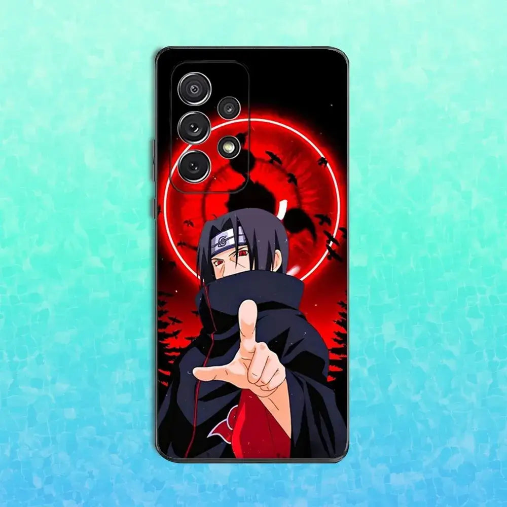 A black soft silicone Itachi Phone Case featuring Uchiha anime art, compatible with Samsung Galaxy S25, S24, S23, S22 Ultra and Plus models.