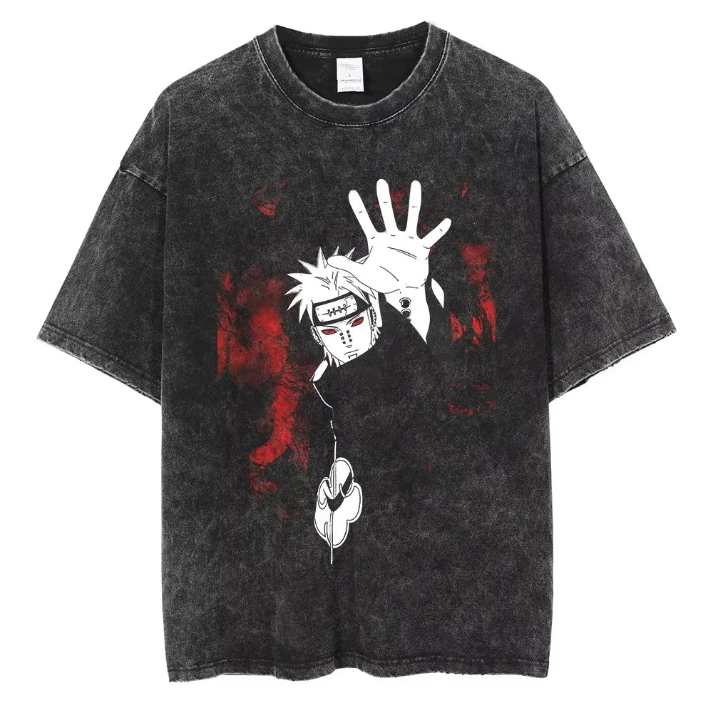 A washed black Naruto Vintage T-Shirt featuring a hip hop style anime print, designed as Harajuku streetwear for men and women.