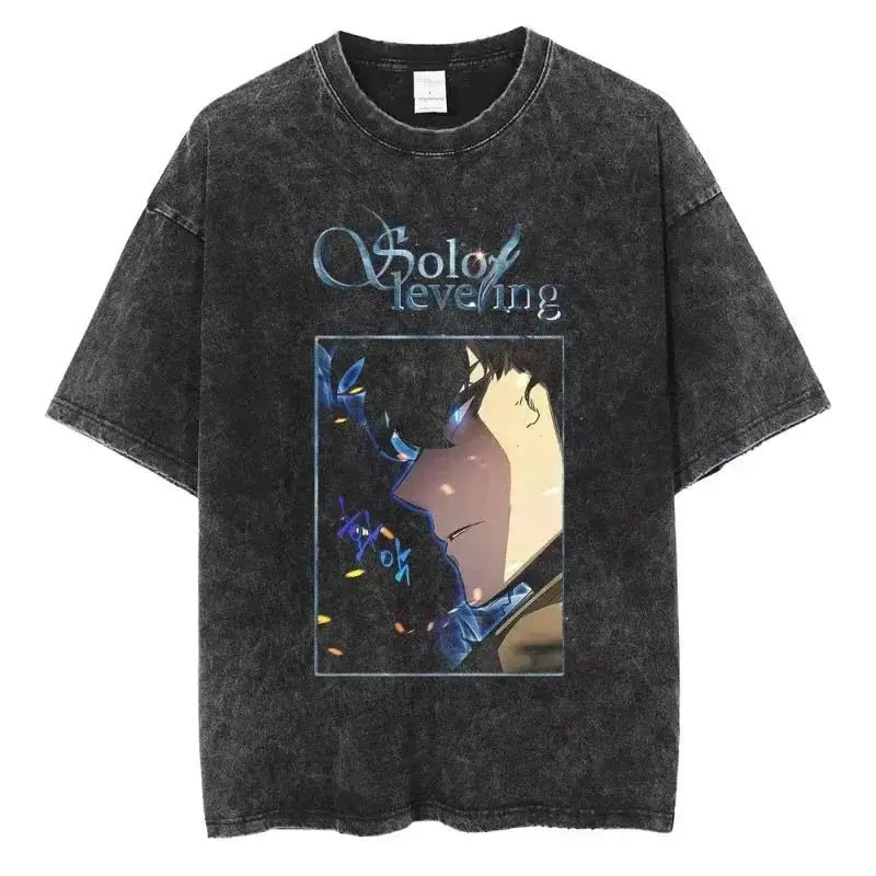 A hot unisex and plus size Solo Leveling Sung Jin-Woo Printed T Shirt in a washed cotton Harajuku style.
