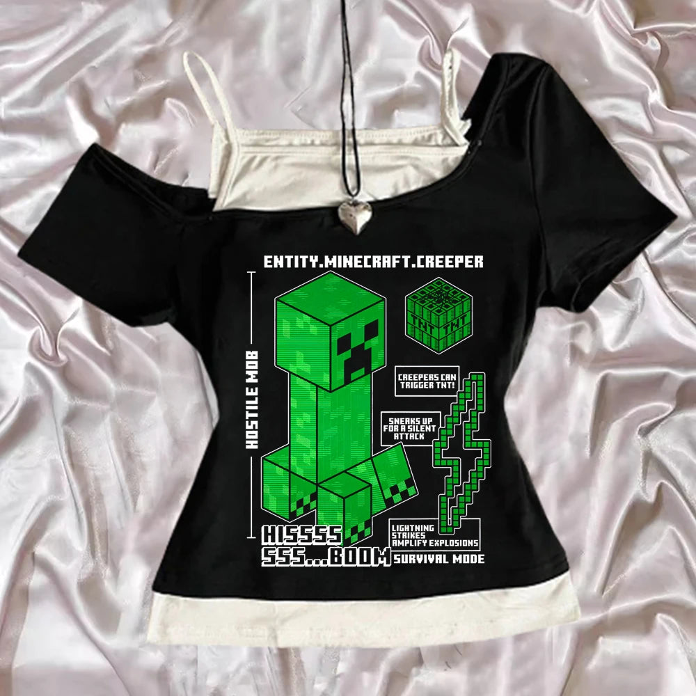 A model wearing the Punk Gothic Slim Baby Tee, a Y2k fake two-piece off-shoulder top in a Harajuku streetwear style.