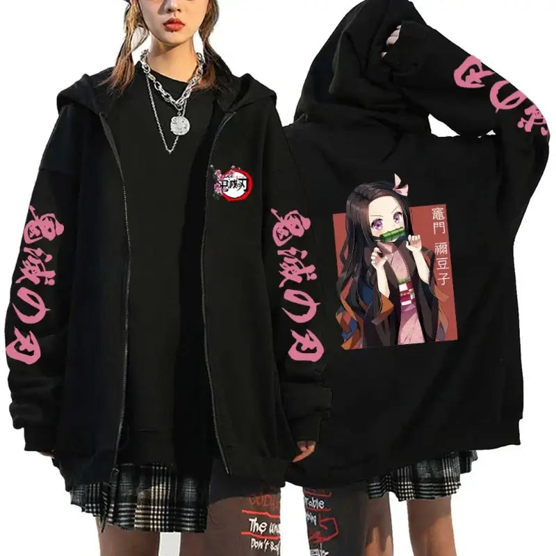 A casual loose Harajuku Fashion Anime Cartoon Demon Slayer Pattern Print Sweatshirt and fleece zipper hoodie for men and women.