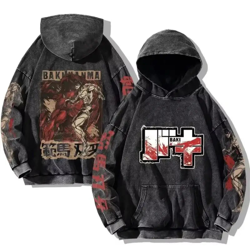 A plus-size Baki Hanma Anime Print Hoodie in a vintage washed cotton Harajuku streetwear style for men and women.