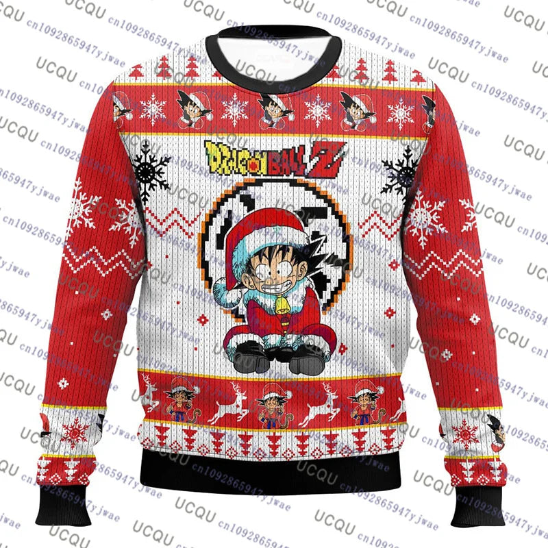 A festive Christmas Dragon Ball Hoodie featuring Goku and anime graphics, designed as an oversized autumn winter pullover for men and women.