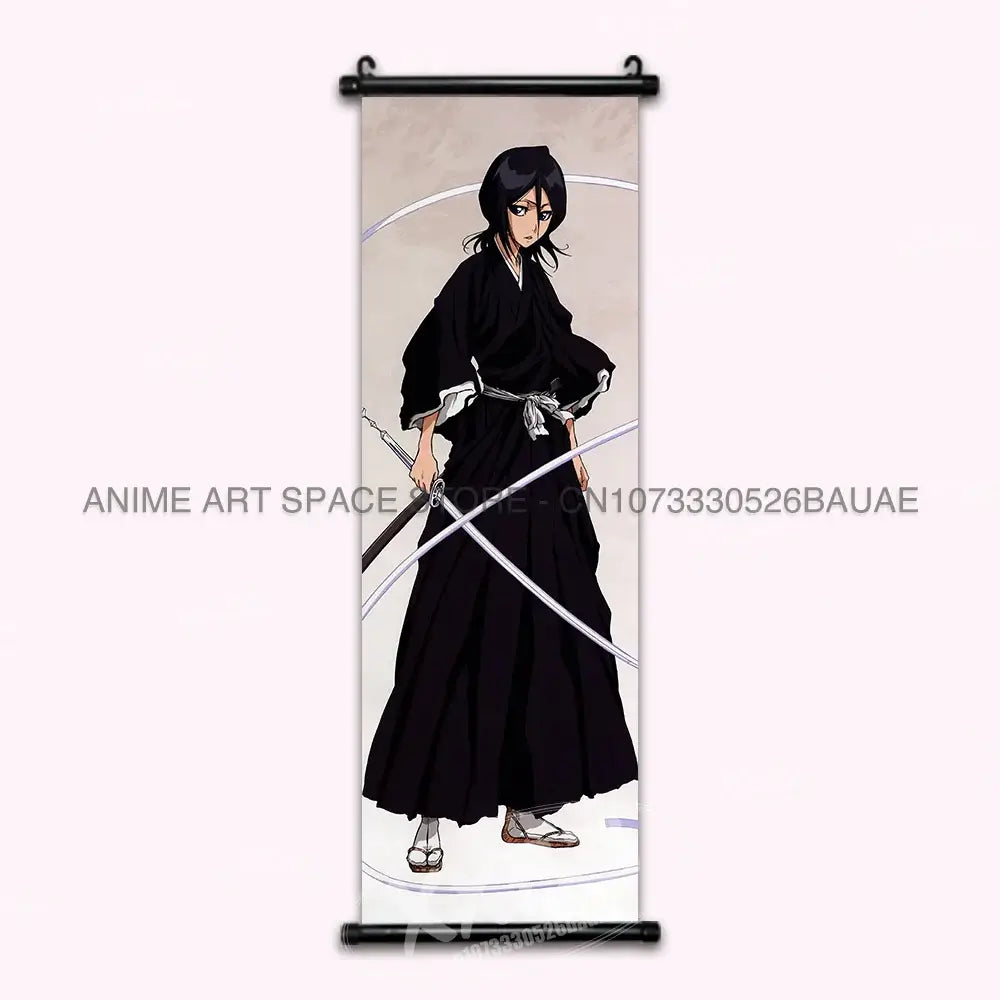 High-quality Bleach Anime Posters Japanese hanging scroll featuring Kurosaki Ichigo and Kuchiki Rukia printed on durable canvas for home decor.