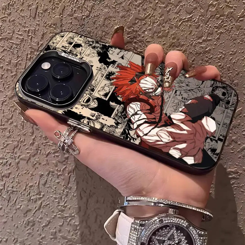A shockproof Eijiro Kirishima Phone Case featuring a multicolor aurora laser finish and Red Riot anime art, compatible with Apple iPhone 16, 15, and 14 Pro Max.
