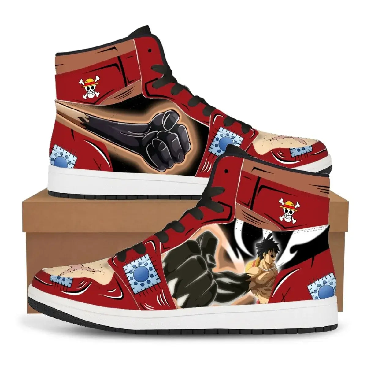 A pair of custom One Piece Basketball Shoes featuring anime designs of Luffy and Zoro, suitable as unisex sneakers.