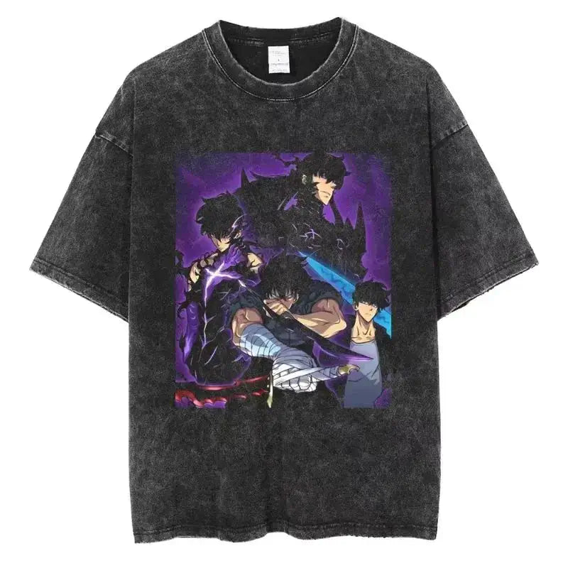 A hot unisex and plus size Solo Leveling Sung Jin-Woo Printed T Shirt in a washed cotton Harajuku style.