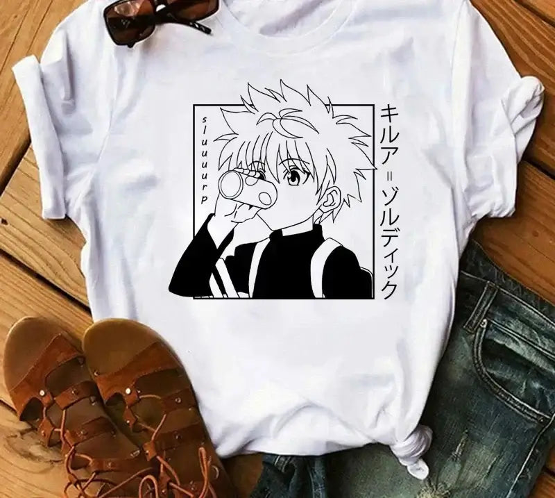A woman wearing the casual vintage Japanese Anime Hunter X Hunter Graphic T Shirt.