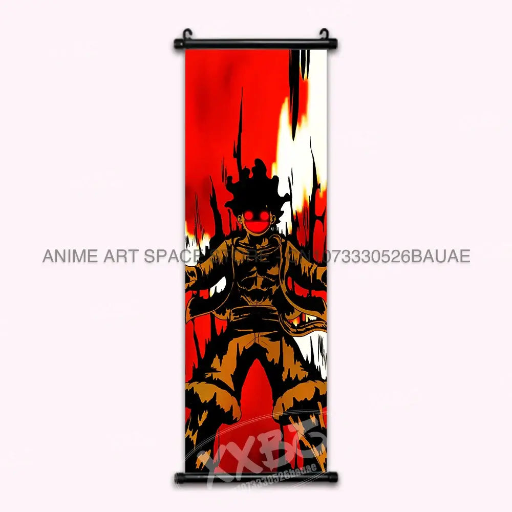 A vibrant One Piece Hanging Painting featuring anime characters Monkey D. Luffy, Portgas D. Ace, Sabo, and Shanks on a canvas scroll for home decor.