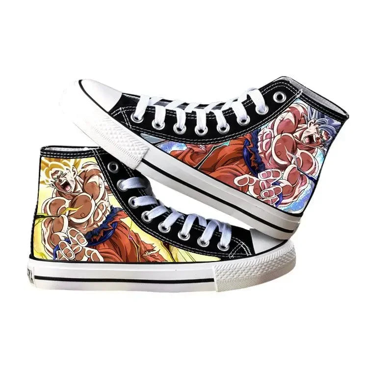 Trendy Dragon Ball High Top Canvas Shoes featuring Goku and Vegeta animation art, breathable flat sneakers for students and fans.
