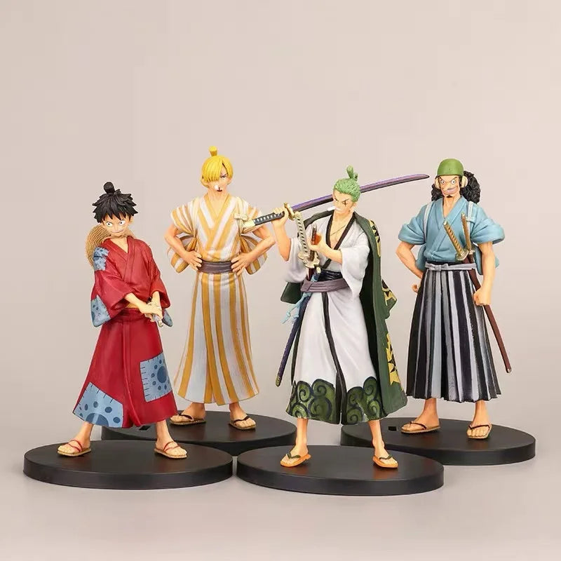 A detailed One Piece 17cm Anime Figure statue featuring Monkey D. Luffy, Roronoa Zoro, and Yamato for collection and desktop display.