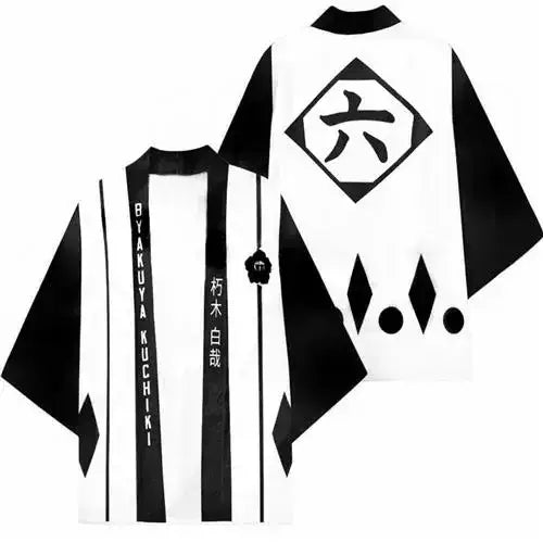 A stylish Bleach Cosplay Kimono cardigan featuring Kurosaki Ichigo and Kenpachi Zaraki designs, functioning as a Haori cloak for parties and cosplay.