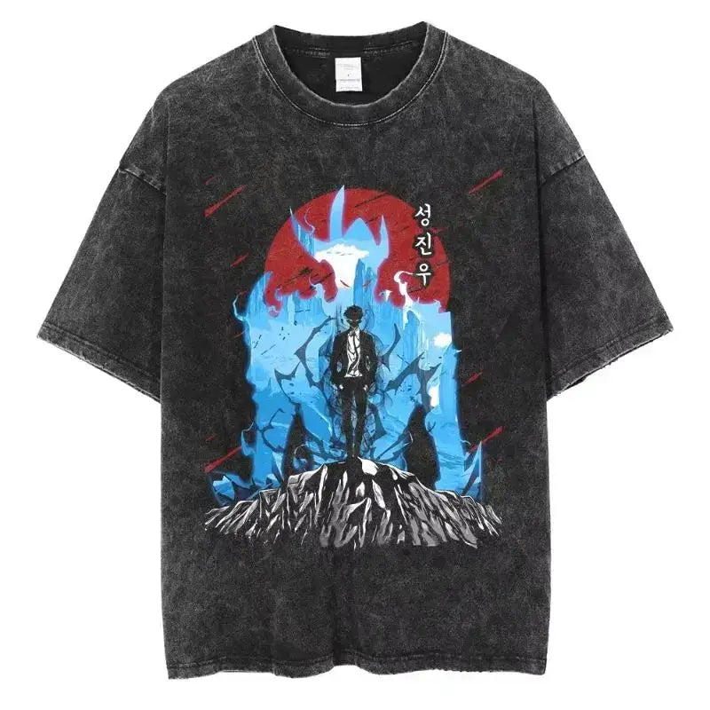 A hot unisex and plus size Solo Leveling Sung Jin-Woo Printed T Shirt in a washed cotton Harajuku style.
