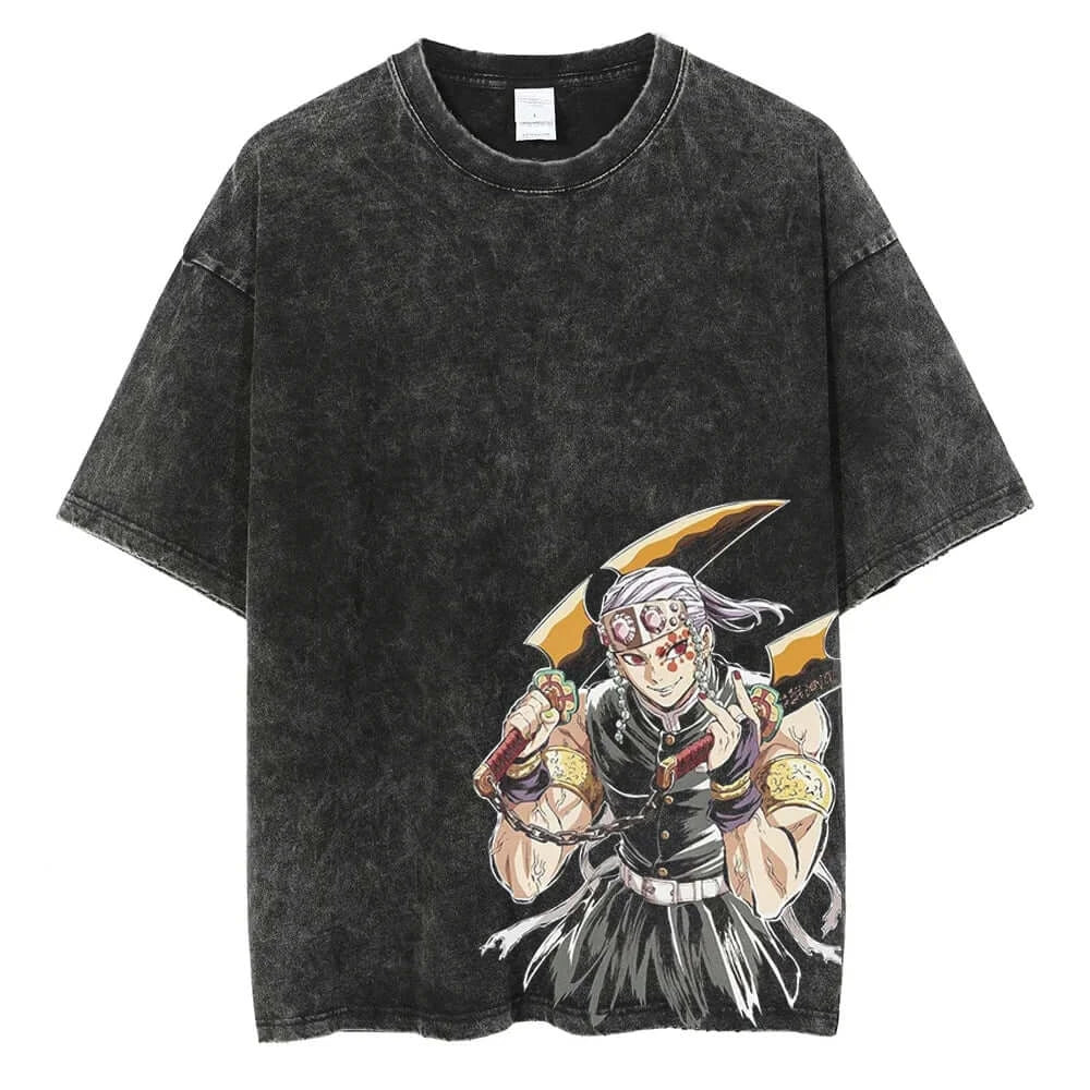 A men's vintage Demon Slayer Kamado Tanjirou Graphic Print T Shirt in a washed cotton Harajuku style.