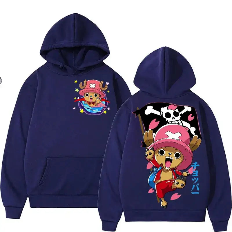 A couple wearing the oversized Harajuku Style Chopper Hoodie with a cute One Piece pattern.
