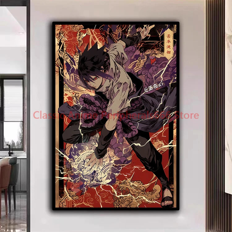 A traditional Ukiyo-e style Naruto Poster canvas painting featuring Akatsuki members Itachi and Sasuke for aesthetic home decor.