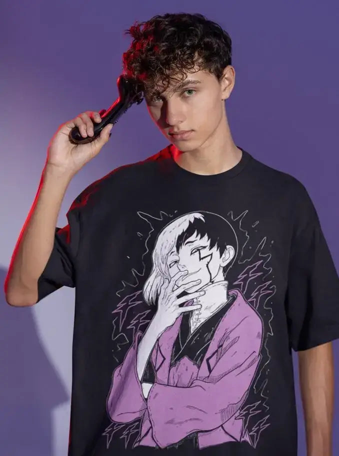 A black Gen Asagiri T-Shirt from Dr. Stone, featuring the character, a gift shirt available in all sizes.