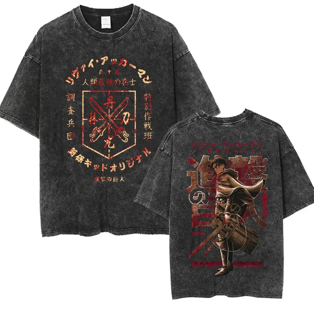 An oversized Attack on Titan Washed T-shirt featuring a vintage Levi Ackerman graphic, a stylish streetwear item for men and women.