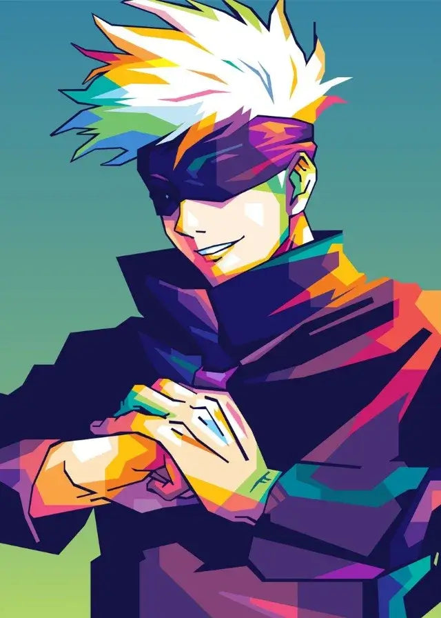 Jujutsu Kaisen Poster featuring Gojo Satoru in colorful canvas art, ideal for wall decor.