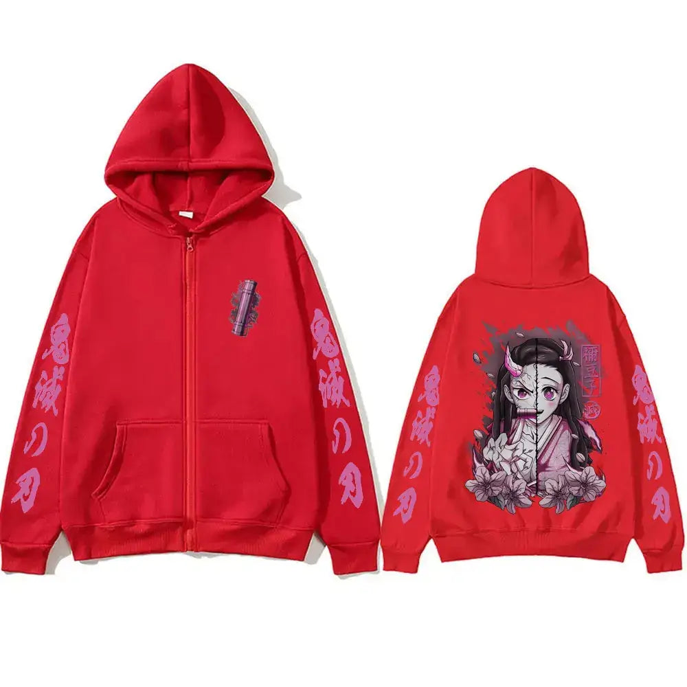 A casual oversized Anime Demon Slayer Kamado Nezuko Merch Zipper Hoodie jacket for men and women.