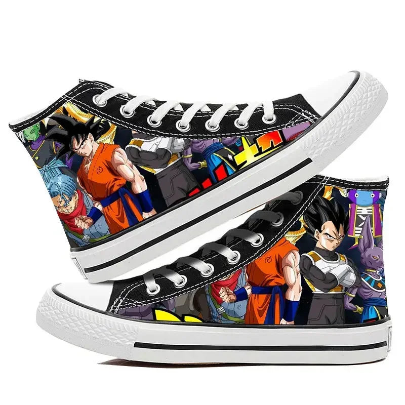 Trendy Dragon Ball High Top Canvas Shoes featuring Goku and Vegeta animation art, breathable flat sneakers for students and fans.