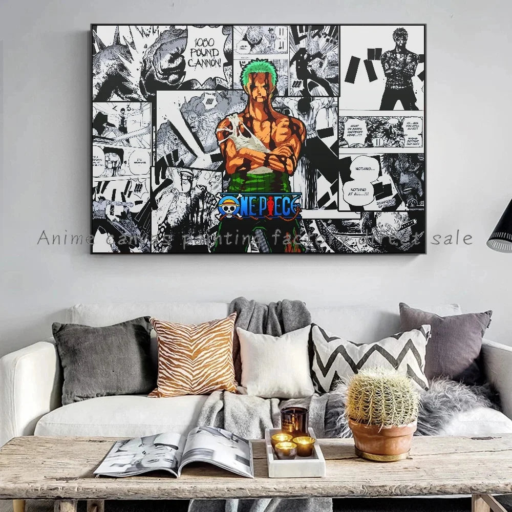 A high-definition One Piece Luffy Zoro Poster printed on canvas, displaying the anime characters Monkey D. Luffy and Roronoa Zoro for wall decoration.