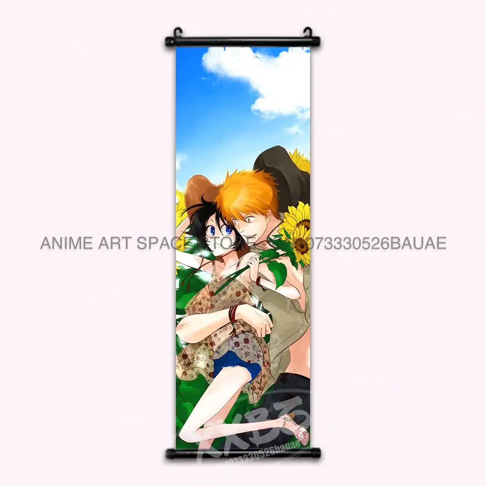 High-quality Bleach Anime Posters Japanese hanging scroll featuring Kurosaki Ichigo and Kuchiki Rukia printed on durable canvas for home decor.