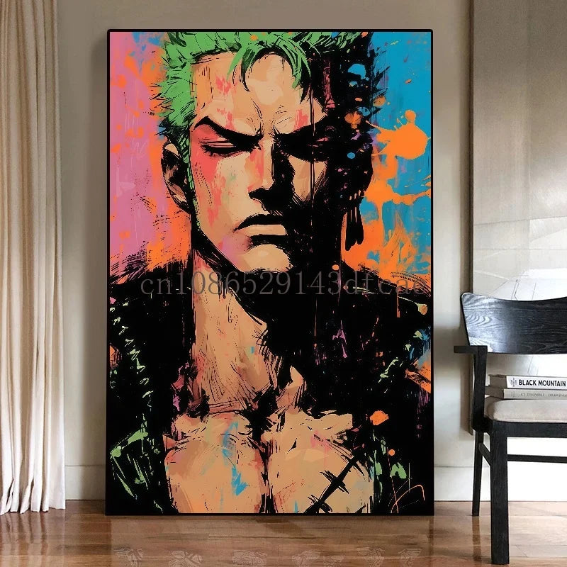 A high-quality One Piece Canvas Print featuring classic Japanese anime characters like Luffy, designed as unframed wall art for living room decoration.