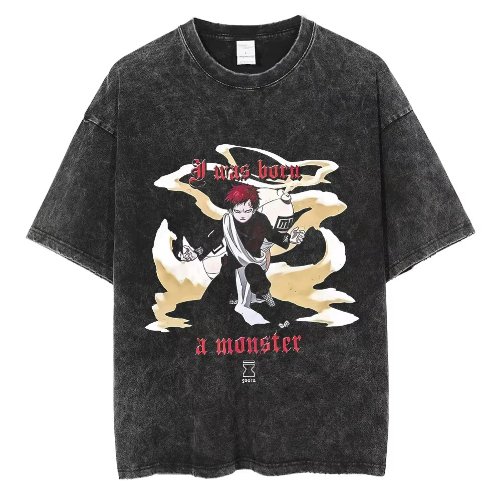 A washed black Naruto Vintage T-Shirt featuring a hip hop style anime print, designed as Harajuku streetwear for men and women.
