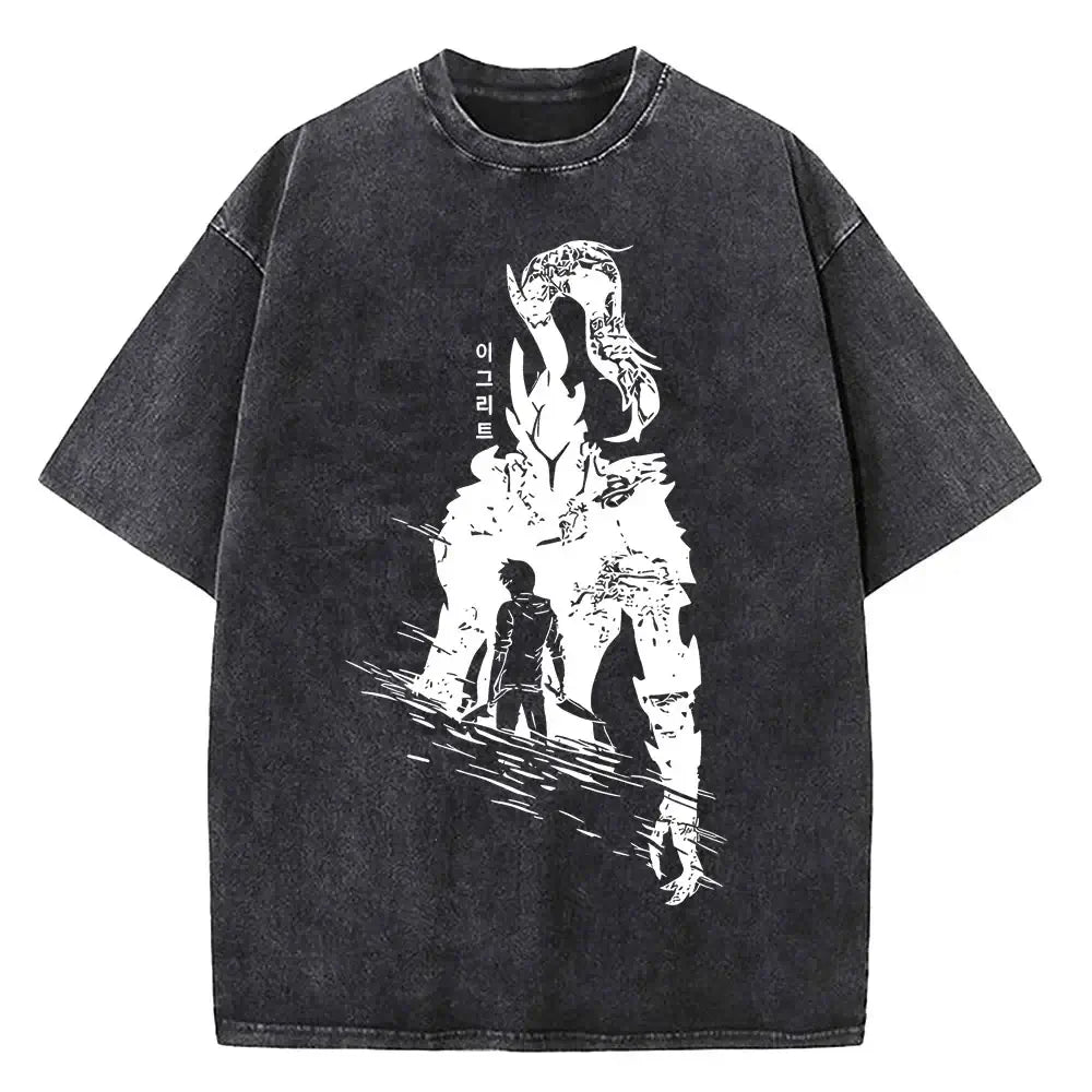 A vintage-style Solo Leveling Vintage T-shirt made of washed black cotton featuring a Sung Jinwoo graphic print, designed as Harajuku streetwear.