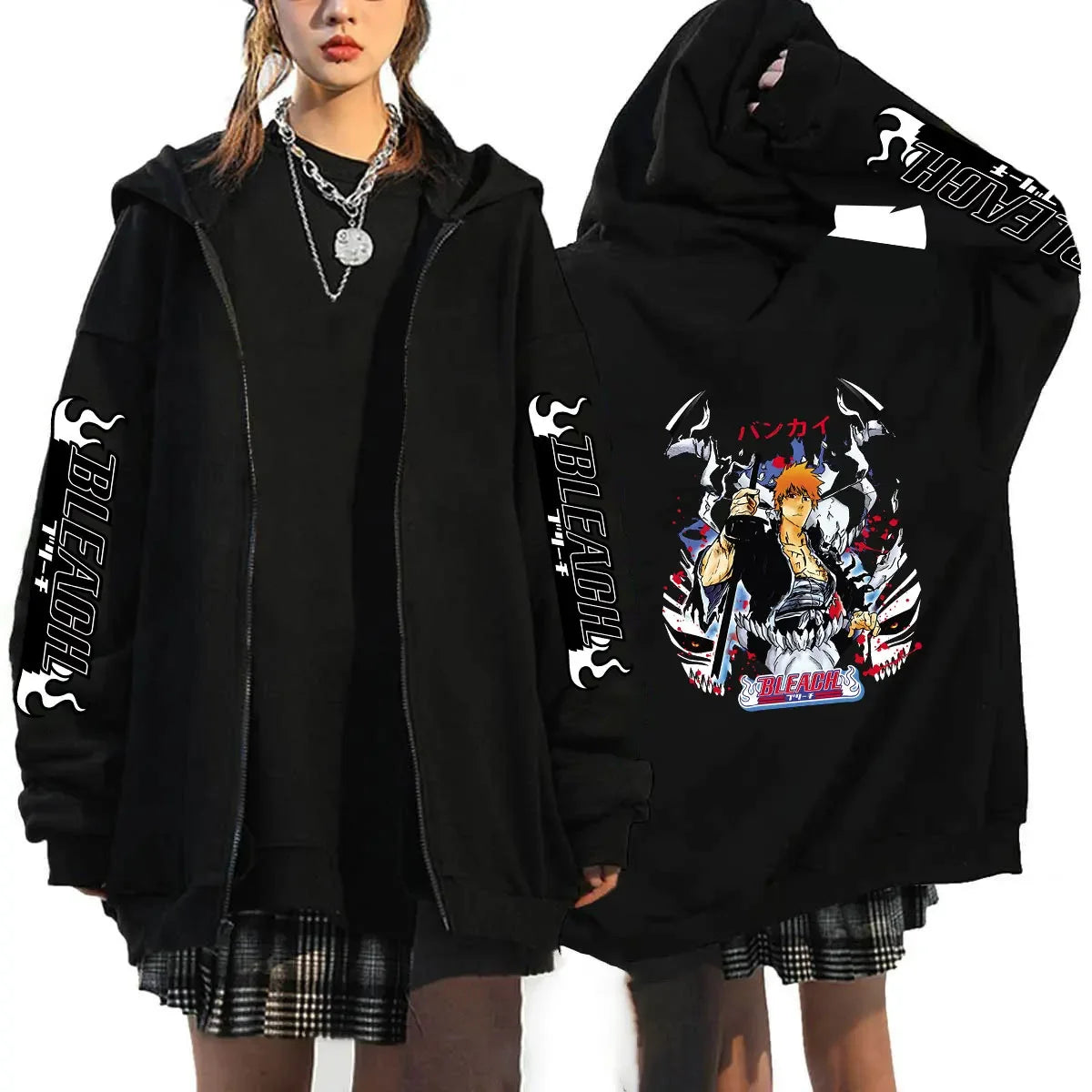 A casual loose Bleach Ichigo Zip Up Hoodie featuring a Kurosaki Ichigo anime print, designed as a unisex Harajuku zipper jacket for men and women.