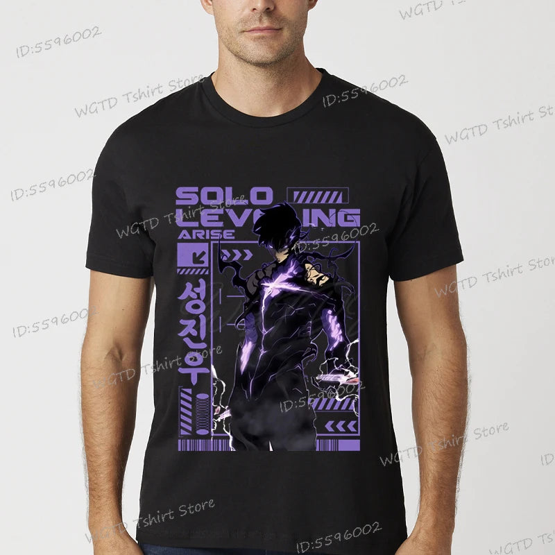 A vintage black Solo Leveling Anime T-Shirt featuring a funny Sung Jinwoo graphic print, available in sizes S to 4XL for men and women.