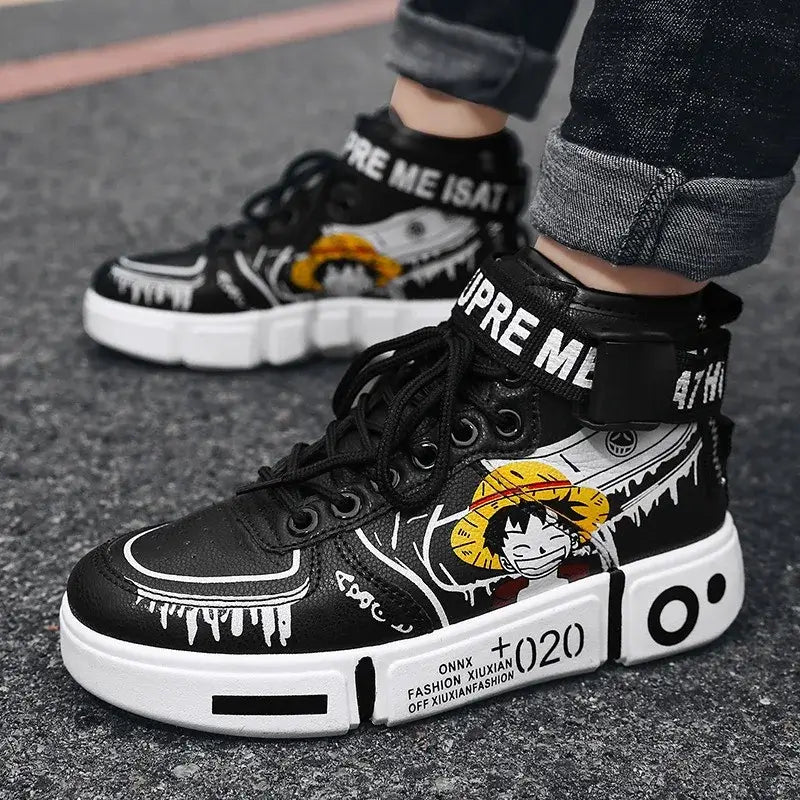 A pair of Anime One Piece Luffy High Top Shoes featuring Roronoa Zoro, designed as breathable, non-slip leisure sports sneakers for men and women.