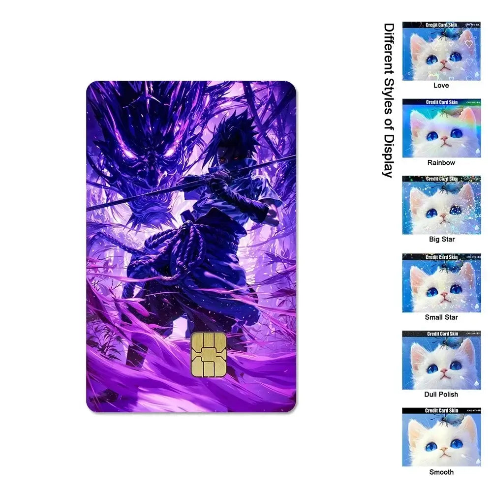 A waterproof Naruto Credit Card Skin PVC sticker featuring Uchiha Sasuke anime art applied to a standard debit bank card.