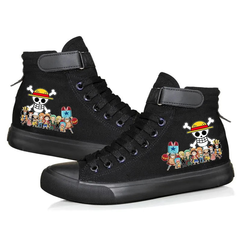 Trendy One Piece Luffy High Top Shoes featuring anime character art, designed as breathable non-slip leisure sports sneakers for students.