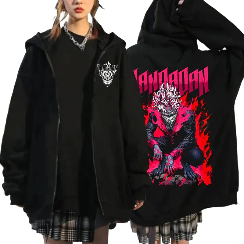 An oversized Anime Dandadan Ken Takakura Hoodie with a graphic print of Okarun, designed as a Harajuku male zipper jacket for men and women.