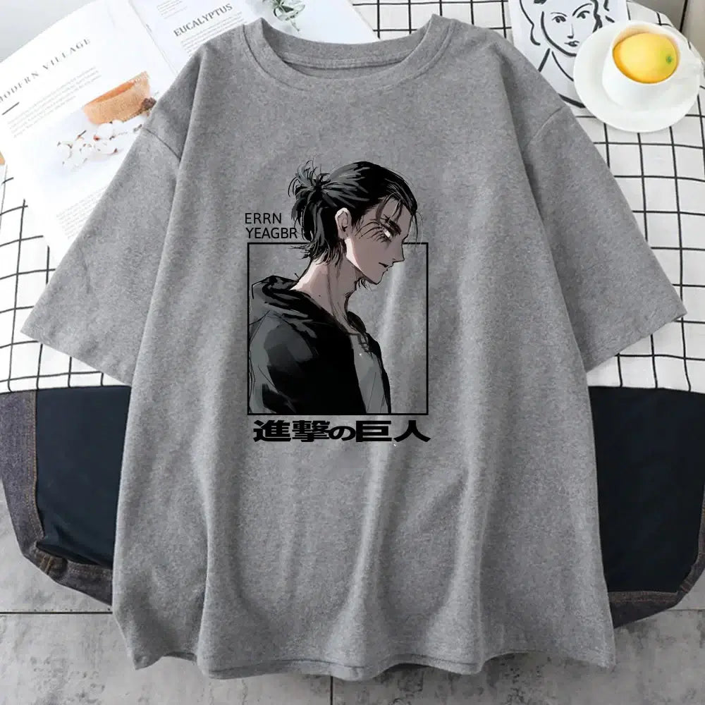 A cool street style Eren Jaeger T-Shirt with a graphic print from Attack on Titan for men and women.