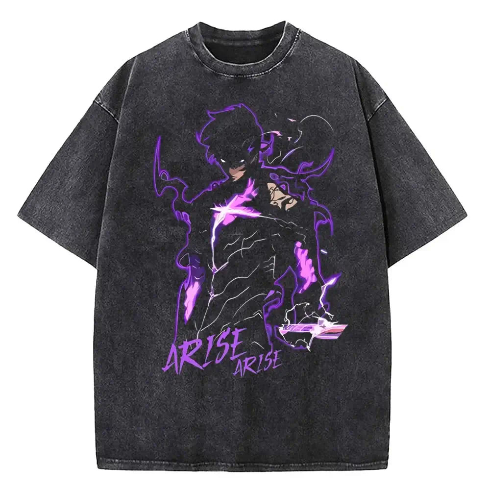 A vintage-style Solo Leveling Vintage T-shirt made of washed black cotton featuring a Sung Jinwoo graphic print, designed as Harajuku streetwear.