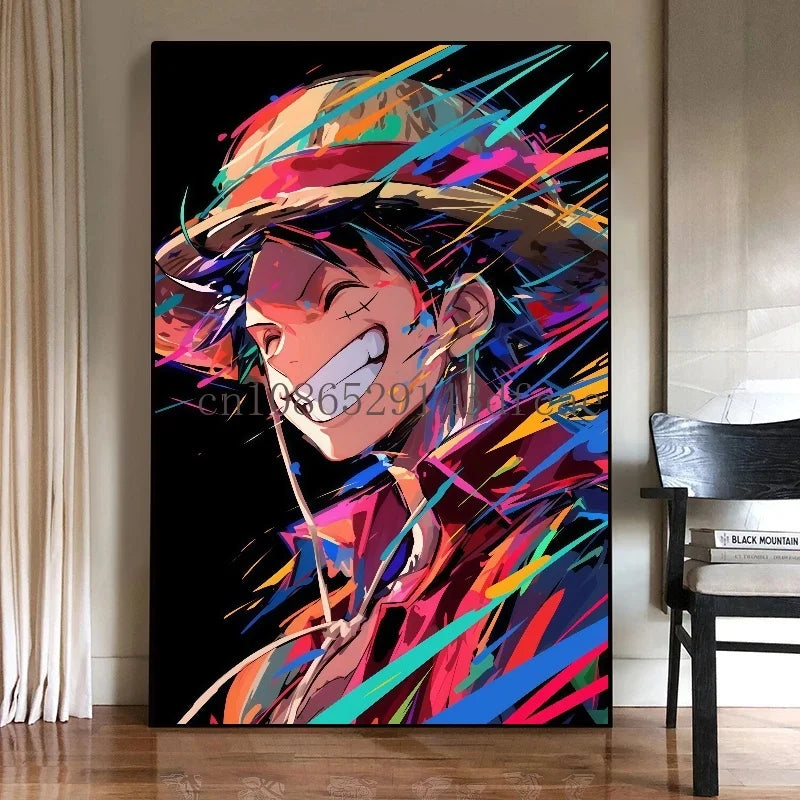 A high-quality One Piece Canvas Print featuring classic Japanese anime characters like Luffy, designed as unframed wall art for living room decoration.
