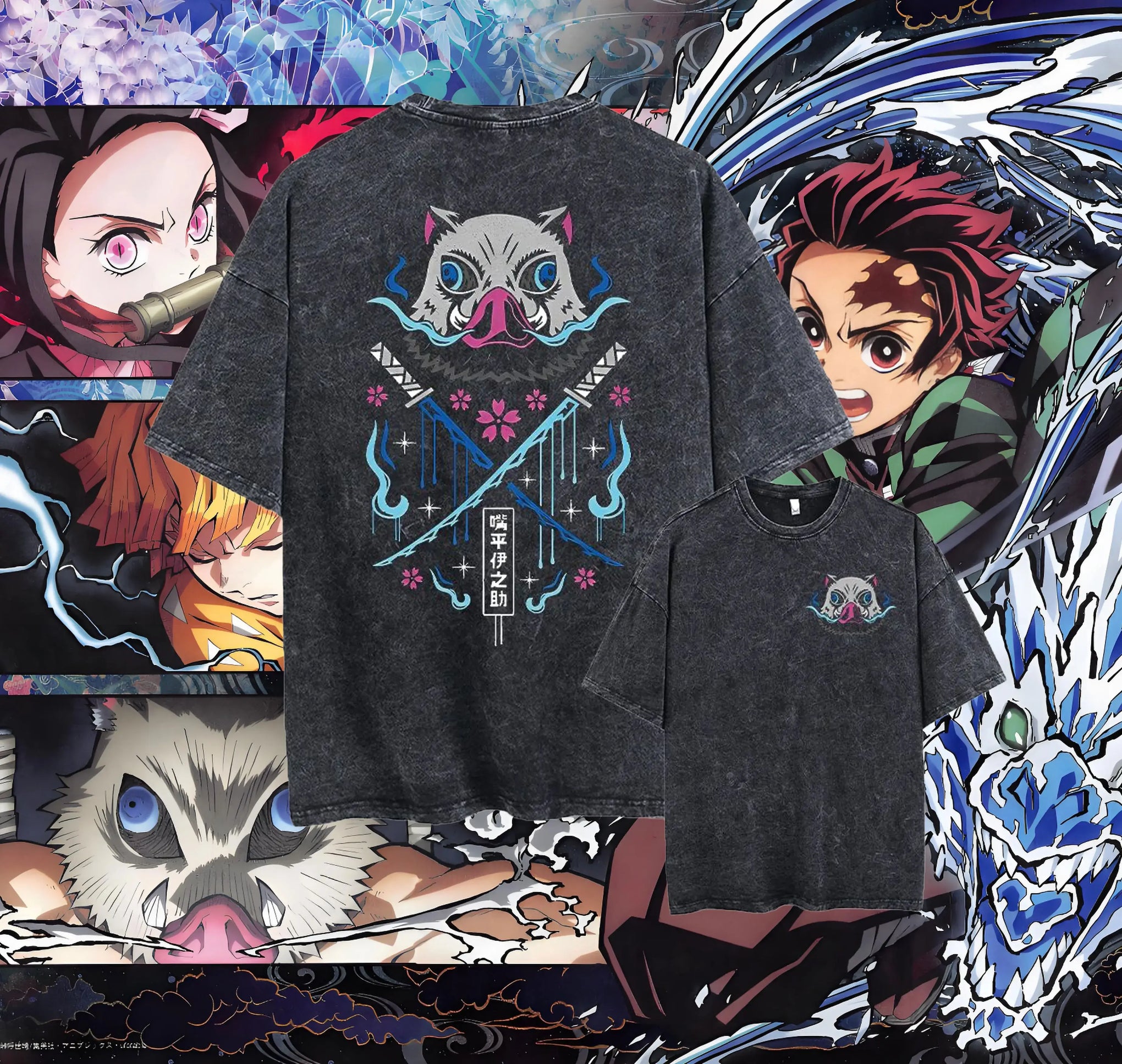 Men's Acid Washed TShirt Streetwear with an oversized fit and a Japanese anime graphic, showcasing a vintage washed black Harajuku style.