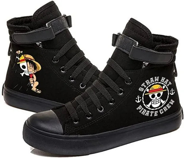 Trendy One Piece Luffy High Top Shoes featuring anime character art, designed as breathable non-slip leisure sports sneakers for students.
