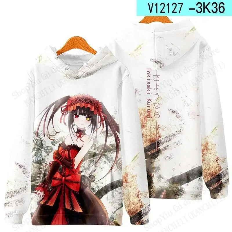 A unisex Anime Kurumi Tokisaki 3d Print Hoodie, designed as a fashion sweatshirt and sexy girl coat for men, women, and boys.