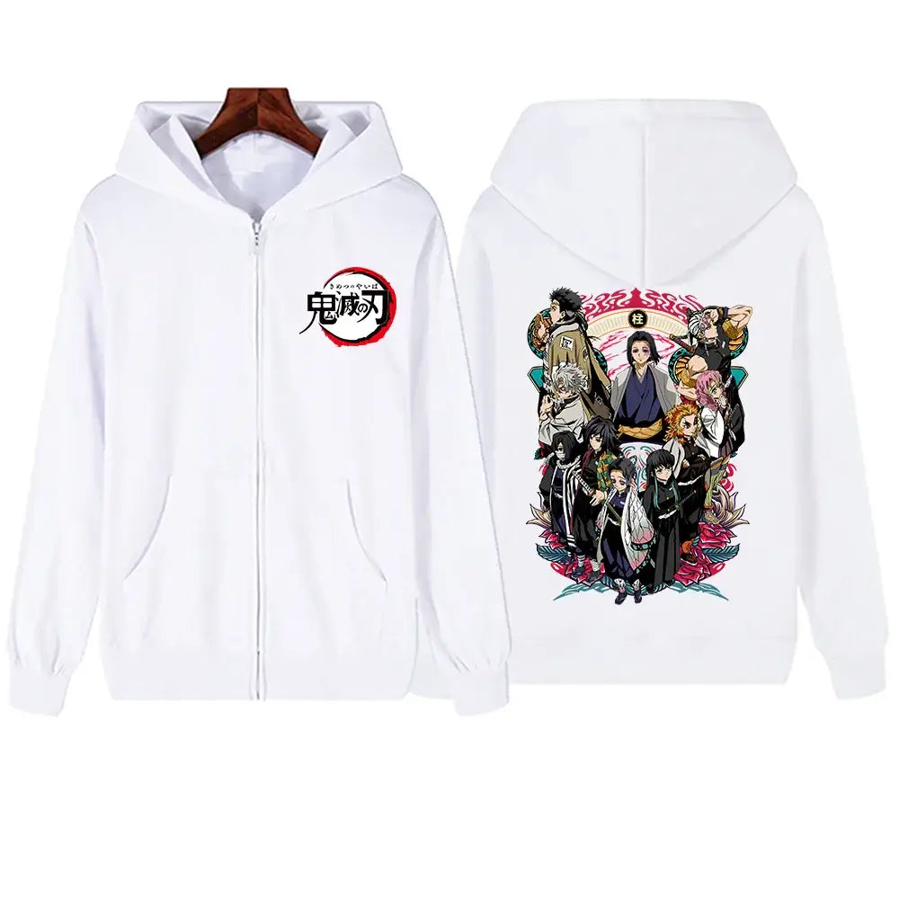 A unisex, oversized Demon Slayer Zipper Hoodie, serving as a full zip anime sweatshirt jacket and coat top for men and women.
